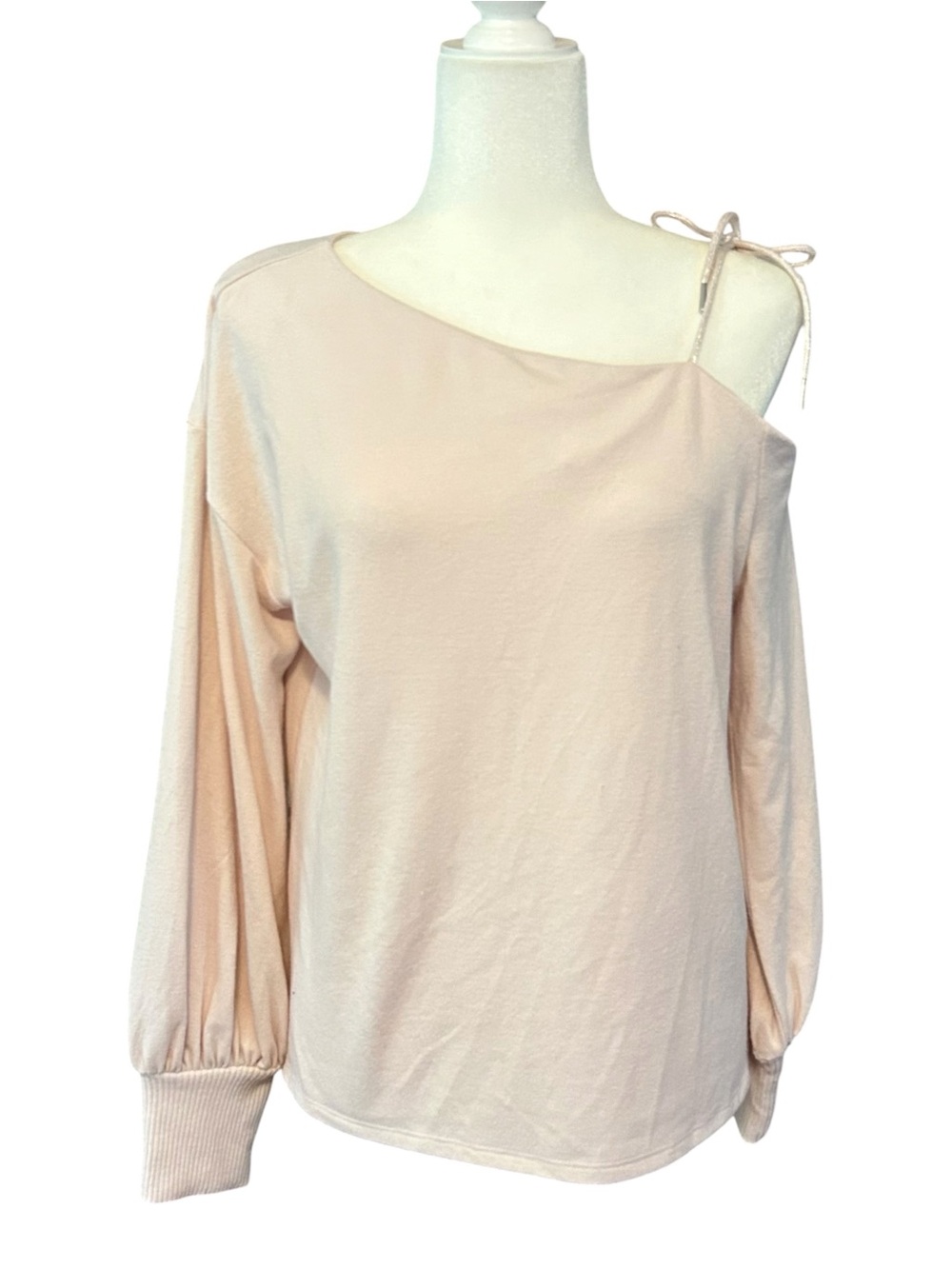 NWT WHBM Lurex Trim Lace Up One Shoulder Soft Spun Top SZ M in Plié Pink